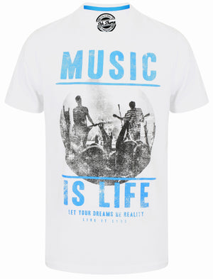 Music Is Life Motif Cotton Crew Neck T-Shirt In Optic White - South Shore