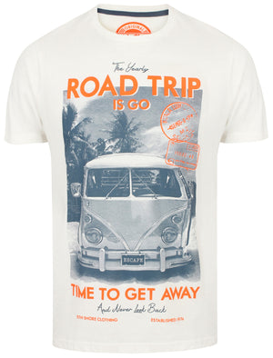 Roadtrip Motif Cotton Crew Neck T-Shirt In Ivory - South Shore