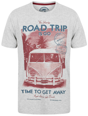 Roadtrip Motif Cotton Crew Neck T-Shirt In Light Grey Marl - South Shore