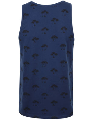 Shade Palm Print Vest Top with Chest Pocket In Blue Depths - South Shore