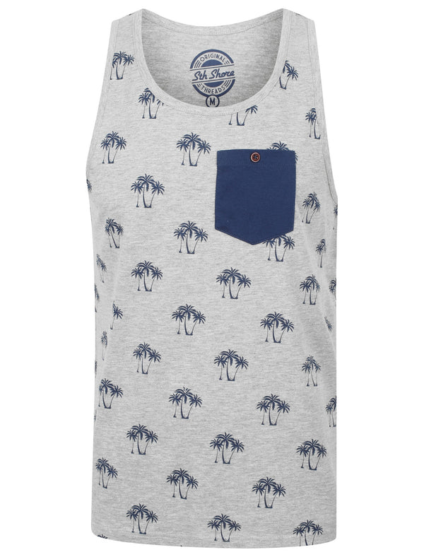 Shade Palm Print Vest Top with Chest Pocket In Light Grey Marl - South Shore