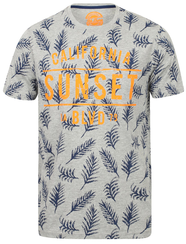 Sketch Leaf Print Cotton T-Shirt In Light Grey Marl - South Shore