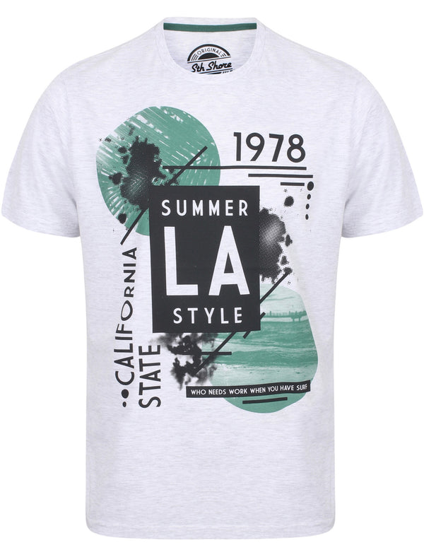 Summer LA Motif Cotton Crew Neck T-Shirt In Ice Grey Marl - South Shore