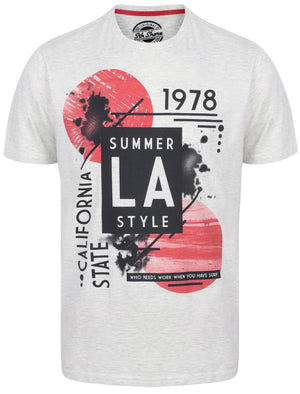 Summer LA Motif Cotton Crew Neck T-Shirt In Oatgrey Marl - South Shore
