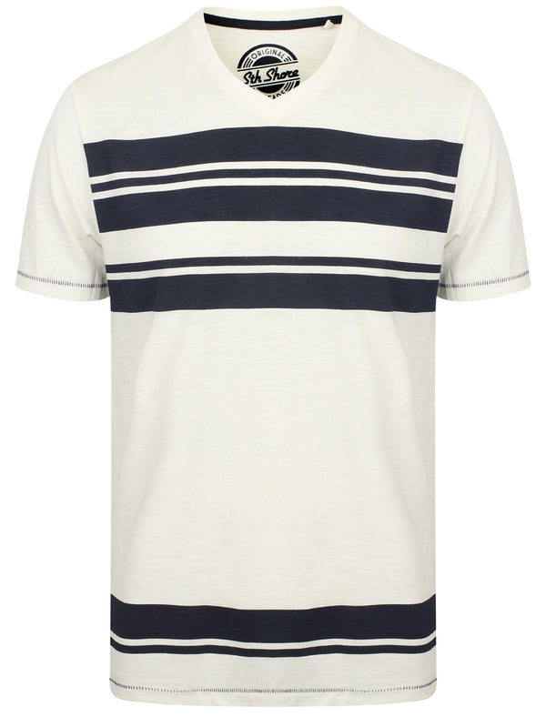 Sungai V Neck Striped Cotton T-Shirt In Ivory - South Shore