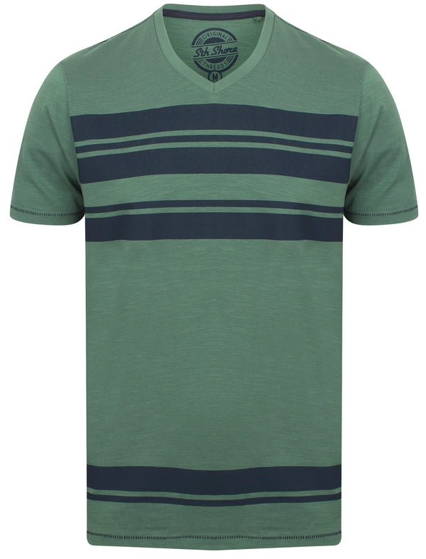 Sungai V Neck Striped Cotton T-Shirt In Mallard Green - South Shore