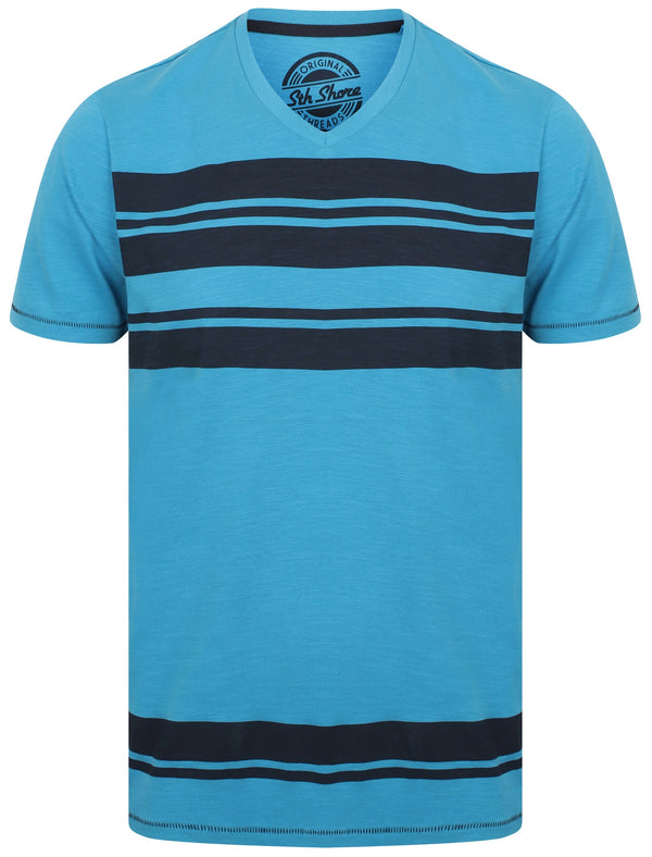 Sungai V Neck Striped Cotton T-Shirt In Swedish Blue - South Shore
