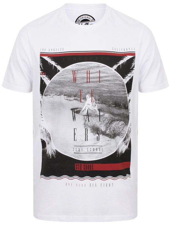 Surf School Motif Cotton Crew Neck T-Shirt In Optic White - South Shore