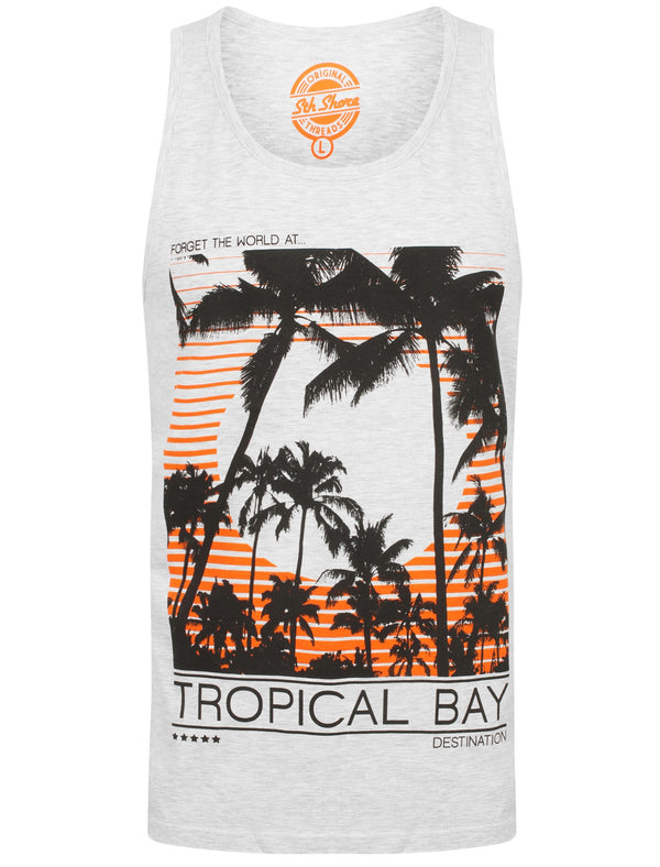 Tropical Bay Motif Print Cotton Vest Top In Ice Grey Marl - South Shore