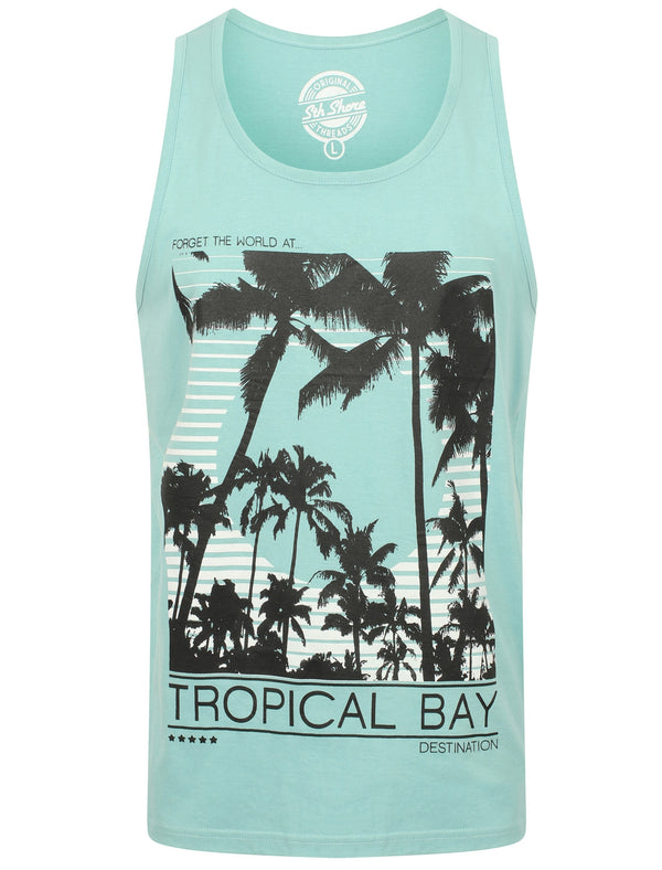 Tropical Bay Motif Print Cotton Vest Top In Nile Blue - South Shore