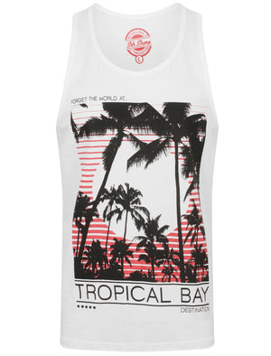Tropical Bay Motif Print Cotton Vest Top In Optic White - South Shore