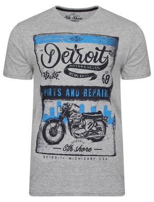 Marty Detroit Motorbike Print T-Shirt in Light Grey Marl - South Shore