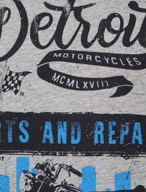 Marty Detroit Motorbike Print T-Shirt in Light Grey Marl - South Shore