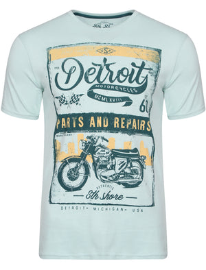 Marty Detroit Motorbike Print T-Shirt in Pastel Turquoise - South Shore