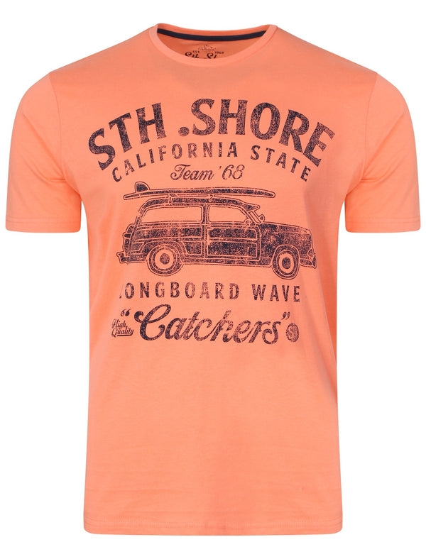 Woody Motif Cotton Crew Neck T-Shirt In Laundered Coral - South Shore