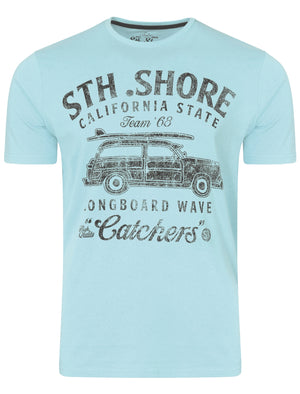 Woody Motif Cotton Crew Neck T-Shirt In Pastel Blue - South Shore