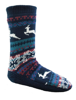 Mens Theodore Fleece Lined Fairisle Reindeer Knit Slipper Socks in Navy