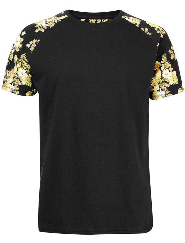 Big Valley Tropical Leaf Raglan Sleeve Cotton T-Shirt in Black