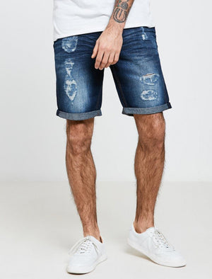 Kal Ripped Denim Shorts in Dark Wash