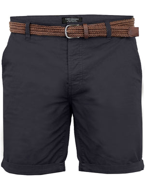 Reiko Textured City Chino Shorts with Woven Belt in Navy