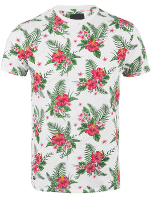 Tiki Tropical Print Crew Neck T-Shirt in White
