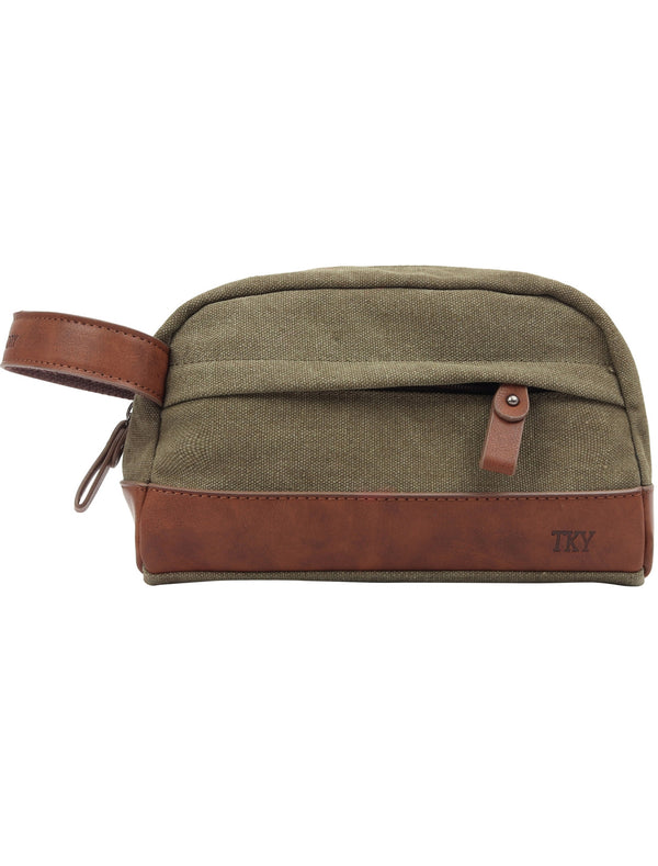 Phoenix Cotton Canvas Wash Bag with Faux Leather Detail in Khaki - Tokyo Laundry