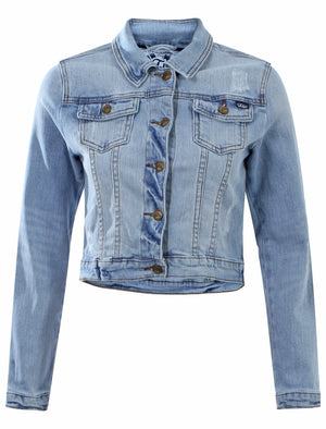 Women's Cropped Length Grazed Patches Denim Jacket - Tokyo Laundry
