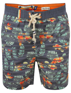 Men's flower print with stripe overlay vintage indigo swim shorts - Tokyo Laundry