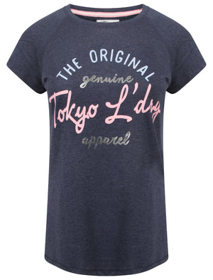 Phoebe Foil Motif T-Shirt in Mood Indigo Marl - Tokyo Laundry