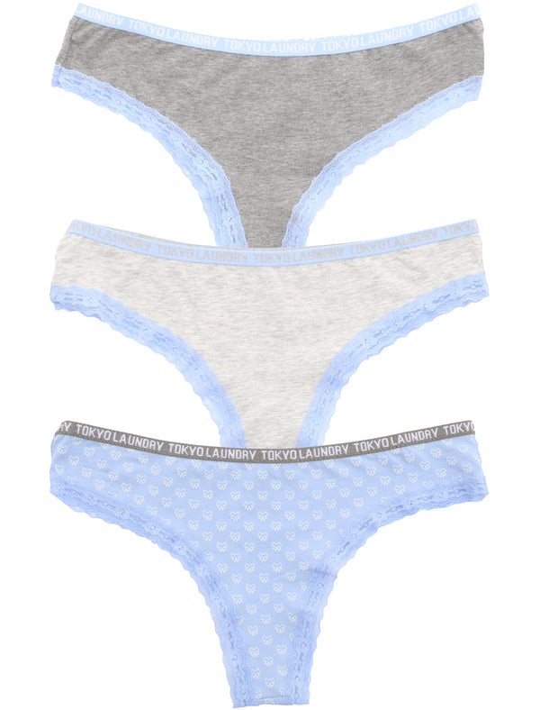 Aubree (3 Pack) High Leg Lace Knickers In Mid Grey/ Grey / Blue - Tokyo Laundry