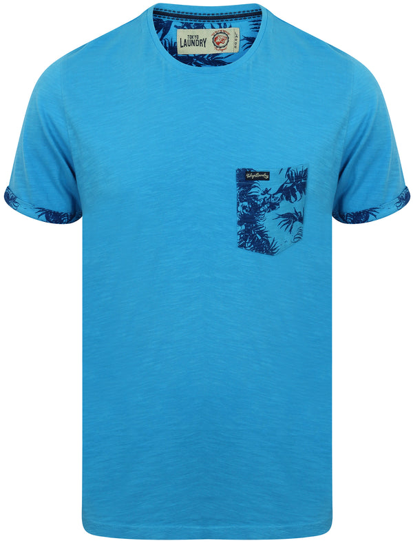 Akamu Printed Roll Sleeve T-Shirt with Pocket in Swedish Blue - Tokyo Laundry