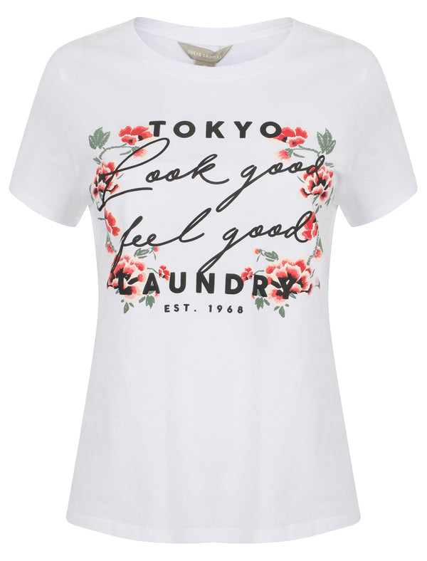 Alice Floral Motif Cotton Crew Neck T-Shirt In Bright White - Tokyo Laundry