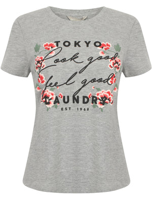 Alice Floral Motif Cotton Crew Neck T-Shirt In Light Grey Marl - Tokyo Laundry