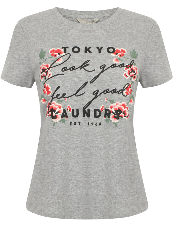 Alice Floral Motif Cotton Crew Neck T-Shirt In Light Grey Marl - Tokyo Laundry