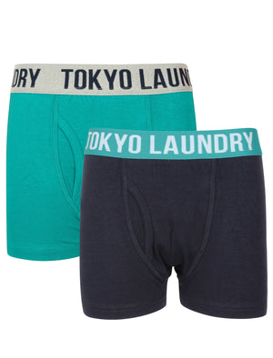 Boys Alton (2 Pack) Boxer Shorts Set In Virdian Green / Navy - Tokyo Laundry Kids