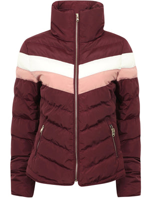 Anise Quilted Puffer Jacket with Chevron Panel In Burgundy - Tokyo Laundry