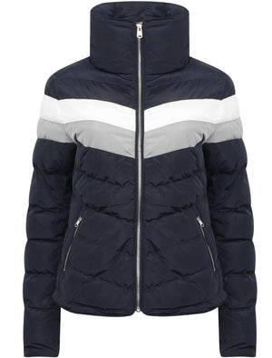 Anise Quilted Puffer Jacket with Chevron Panel In Navy Blazer / White & Grey - Tokyo Laundry