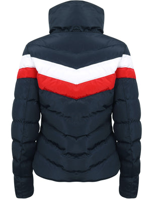 Anise Quilted Puffer Jacket with Chevron Panel In Navy Blazer / White & Red - Tokyo Laundry