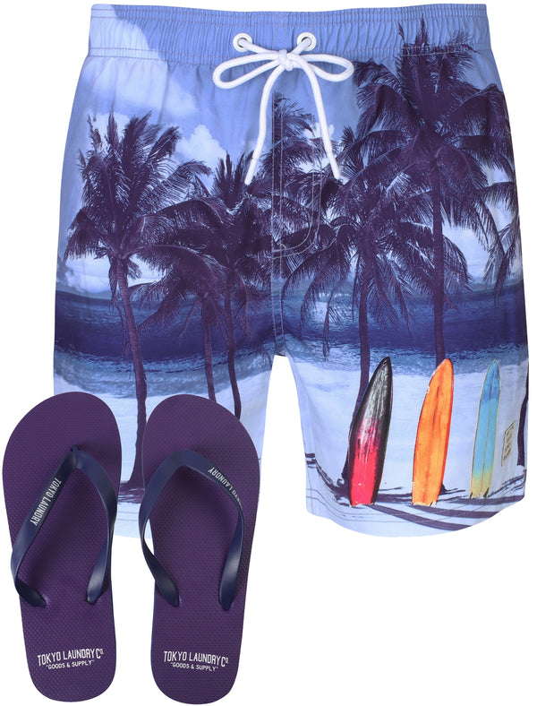 Anstey Beach/Surf Board Scene Swim Shorts With Free Flip Flops - Tokyo Laundry