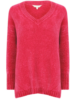 Aria V Neck Chenille Knitted Jumper in Bright Pink - Tokyo Laundry