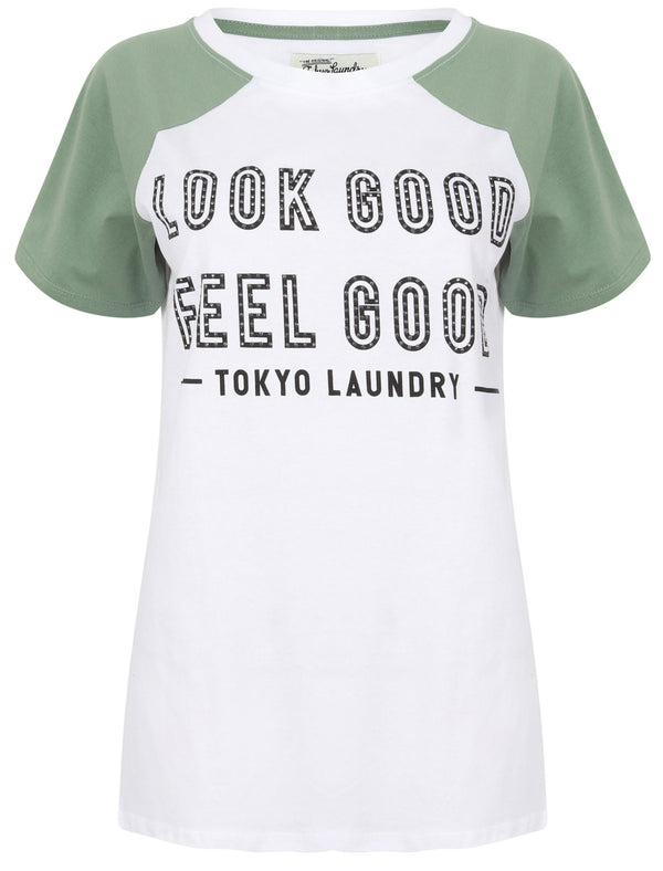 Ava Contrast Raglan Sleeve Cotton T-Shirt In Oil Green - Tokyo Laundry