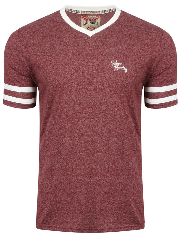 Beaver Lake2 V Neck Varsity T-Shirt in Oxblood / Ivory Slub - Tokyo Laundry