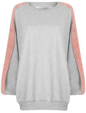 Belleflower Faux Fur Panel Sleeve Sweatshirt in Light Grey Marl - Amara Reya