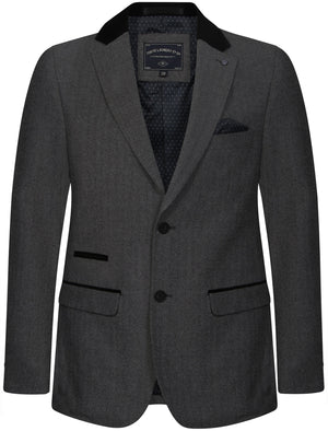 Bellucci Suit Blazer with Velvet Detail in Dark Grey Herringbone - Tokyo Laundry