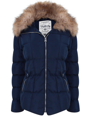 Bertie Funnel Neck Quilted Puffer Jacket With Detachable Fur Trim In Peacoat Blue - Tokyo Laundry