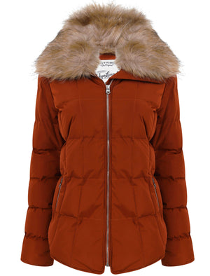 Bertie Funnel Neck Quilted Puffer Jacket With Detachable Fur Trim In Smoked Paprika - Tokyo Laundry