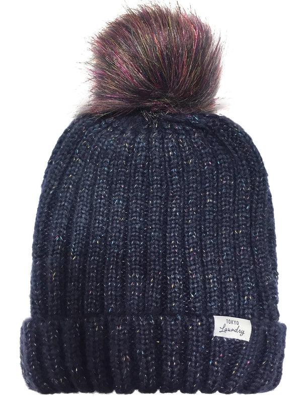 Women's Boe Metallic Cable Knit Bobble Hat in Blue - Tokyo Laundry