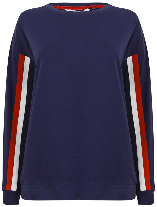 Calais Sweatshirt with Woven Tape Detail Sleeves in Patriot Blue - Amara Reya