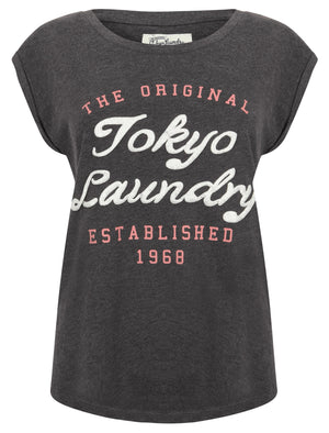Cariana Cotton T-Shirt with Turn-Up Sleeves In Dark Marl - Tokyo Laundry