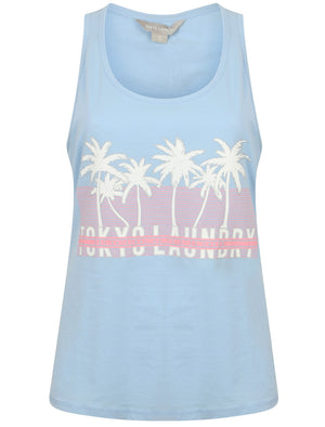 Chelle Palm Tree Motif Vest Top In Chambray Blue - Tokyo Laundry